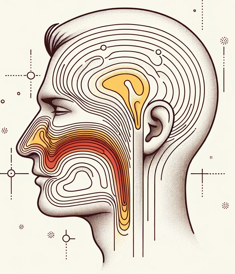 Simplified line diagram of a human head in profile, highlighting the sinus areas affected by infection, depicted without labels or text, using soft shading to indicate areas of concern.